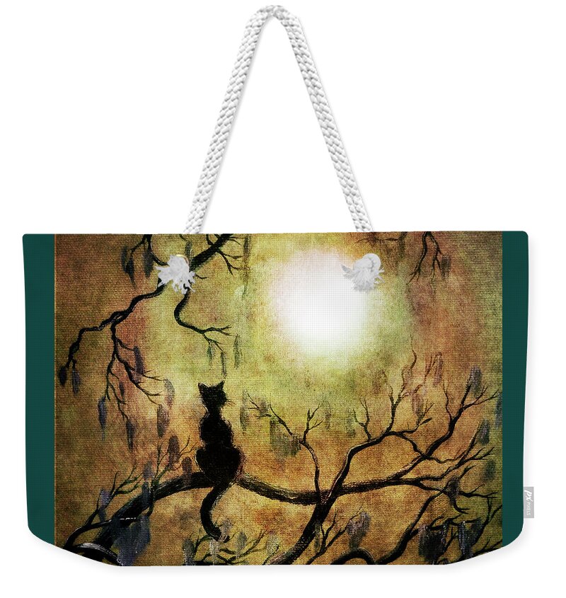 Black Cat Weekender Tote Bag featuring the digital art Black Cat and Full Moon by Laura Iverson