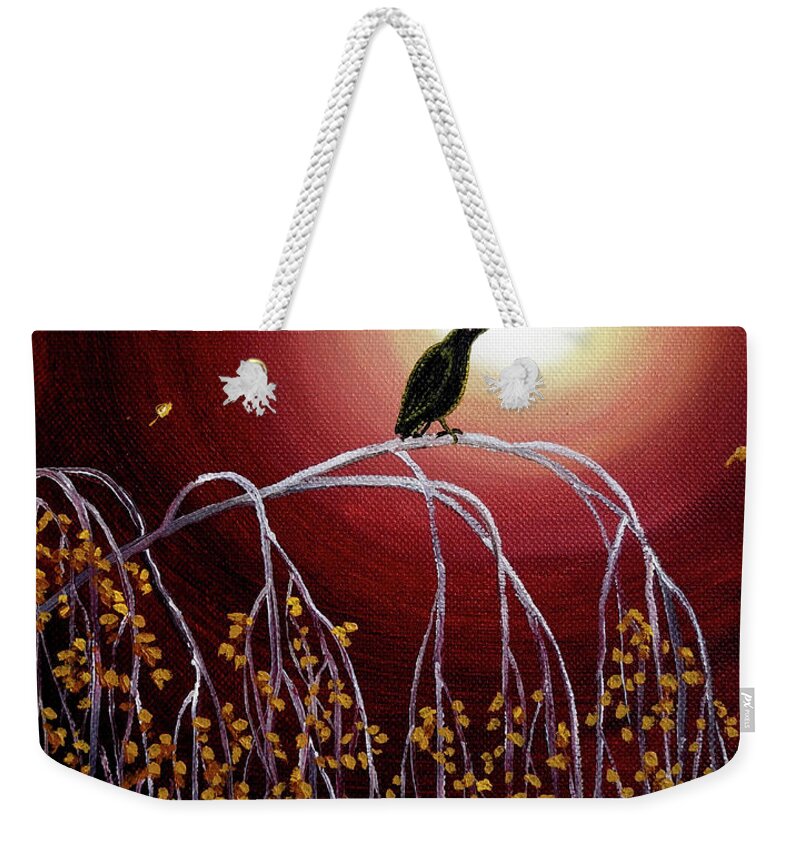 Zen Weekender Tote Bag featuring the painting Black Crow on White Birch Branches by Laura Iverson