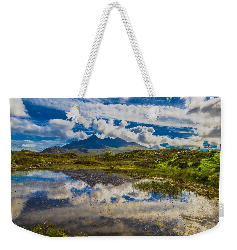 Mountain Weekender Tote Bag featuring the photograph Black Cuillins And Pond by Steven Ainsworth