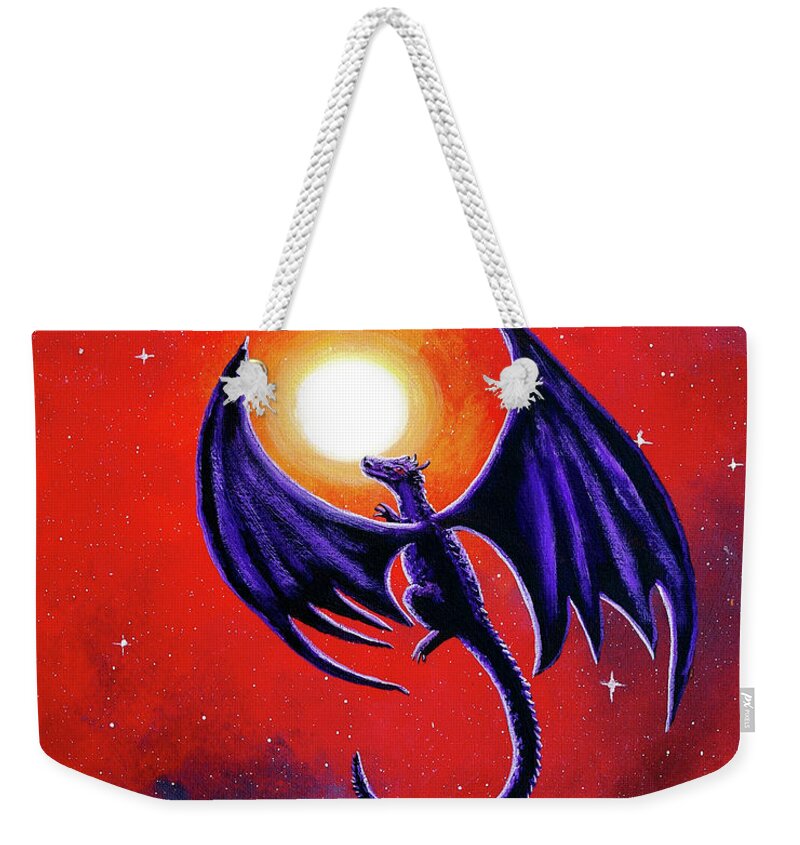 Dragon Weekender Tote Bag featuring the painting Black Dragon in a Red Sky by Laura Iverson