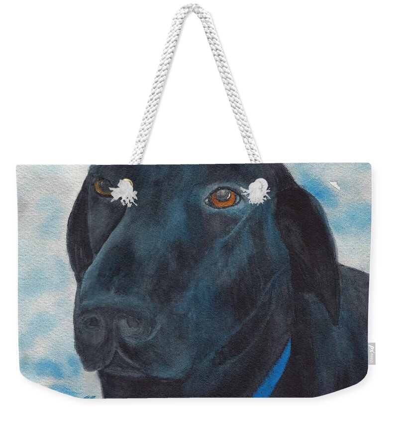 Dog Weekender Tote Bag featuring the painting Black Labrador with Copper Eyes Portrait II by Conni Schaftenaar