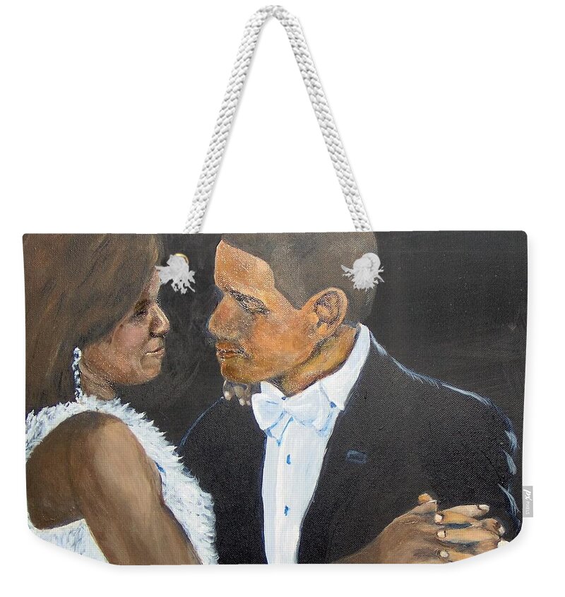Barack Obama Weekender Tote Bag featuring the painting Black Love is Black Power by Saundra Johnson
