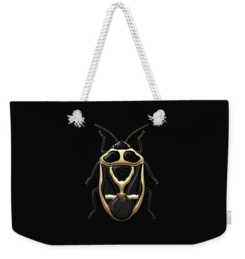 Beasts Creatures And Critters Collection By Serge Averbukh Weekender Tote Bag featuring the digital art Black Shieldbug with Gold Accents on Black Canvas by Serge Averbukh