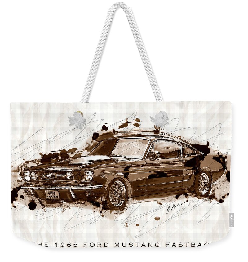 Ford Weekender Tote Bag featuring the digital art Black Stallion 1965 Ford Mustang Fastback #2 by Gary Bodnar