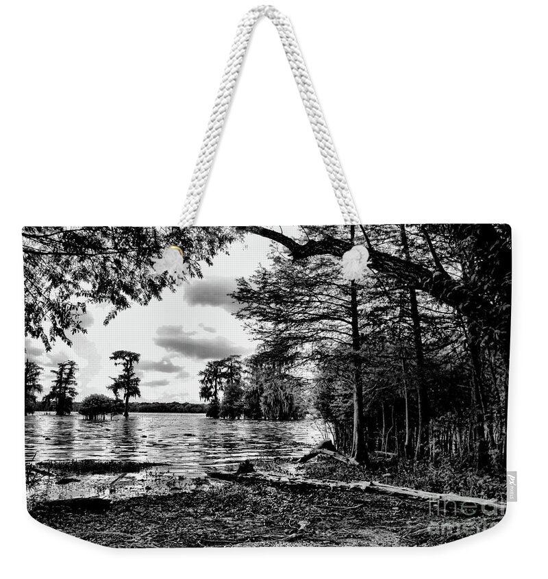 Lake Martin Weekender Tote Bag featuring the photograph Black White Cypress Swamps LA by Chuck Kuhn
