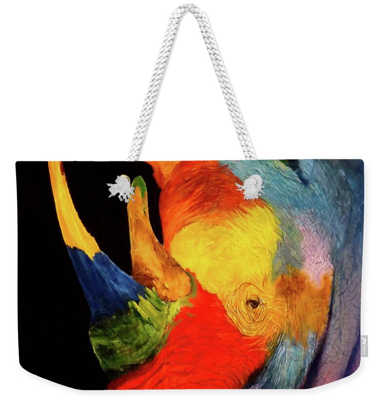 Rhinoceros Weekender Tote Bag featuring the painting Black White Or Coloured Rhino by Barry BLAKE