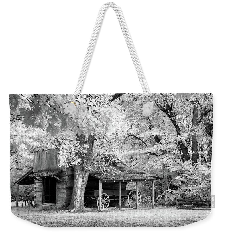 Black And White Weekender Tote Bag featuring the photograph Blacksmith Shed by James Barber