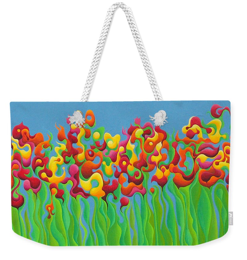 Flower Weekender Tote Bag featuring the painting Blazing Blossom Bash by Amy Ferrari