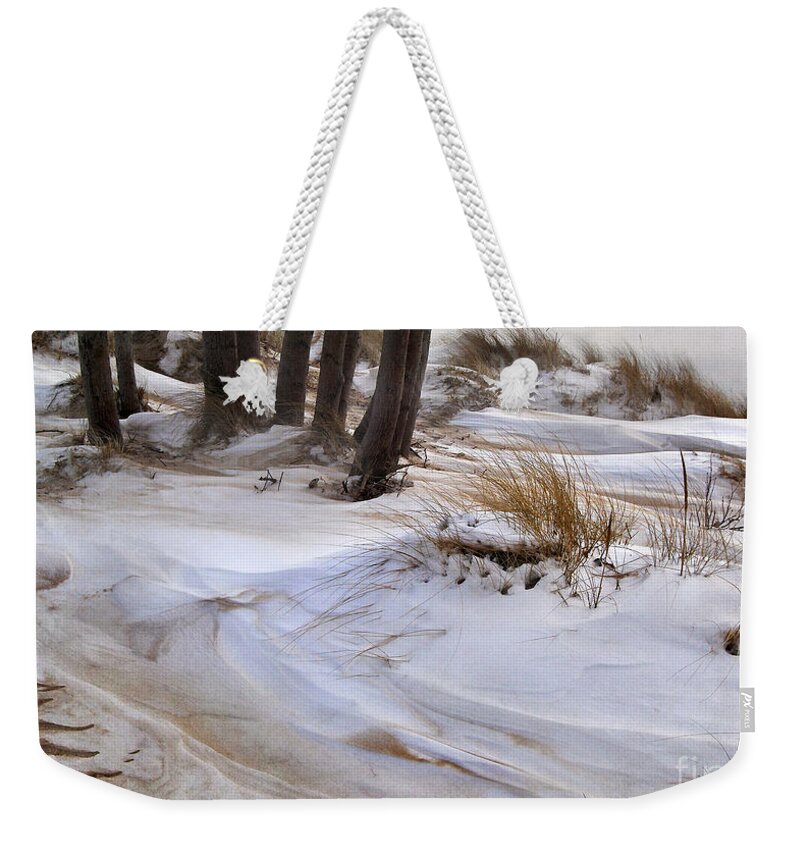 Snow Weekender Tote Bag featuring the photograph Blending Sand and Snow by Kathi Mirto