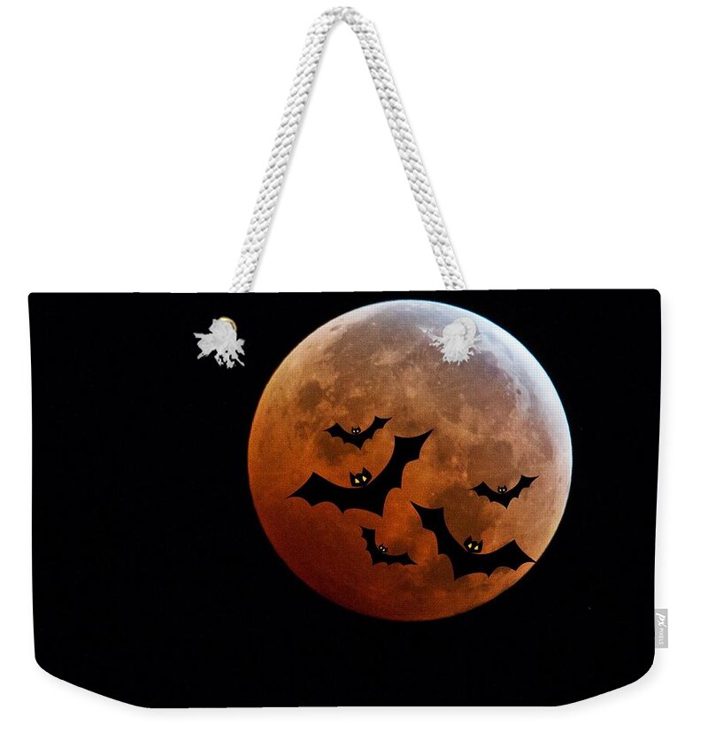 Blood Full Moon Weekender Tote Bag featuring the photograph Blood Full Moon and Bats by Marianna Mills