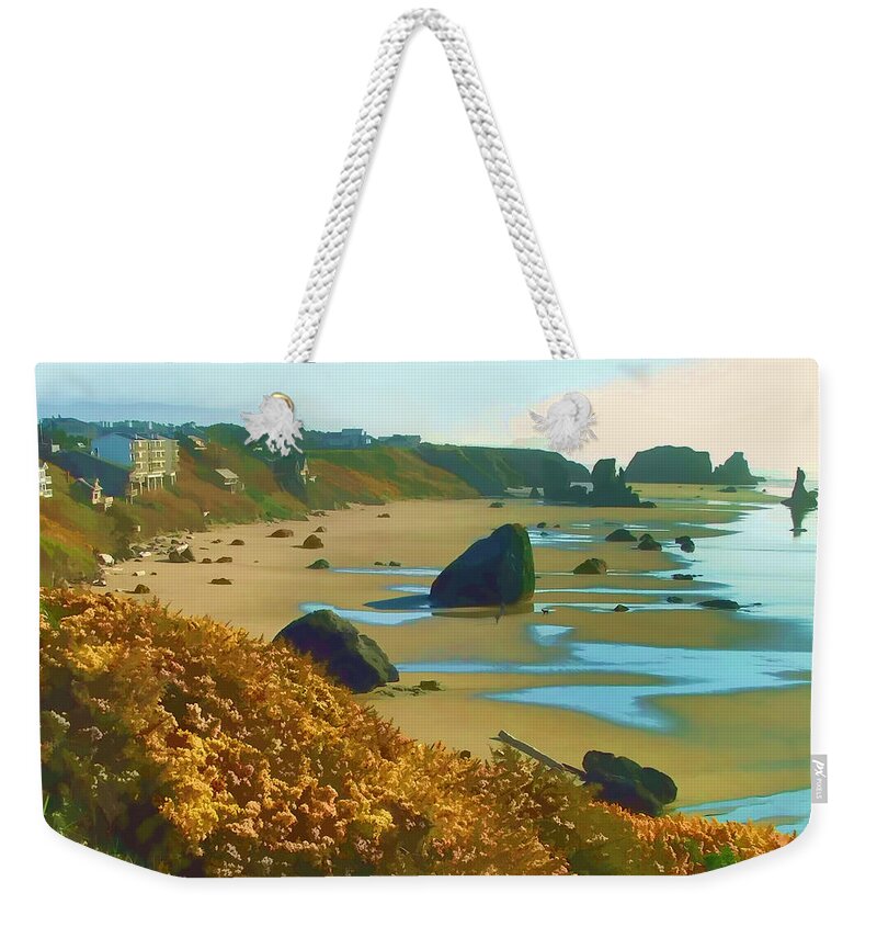 Beach Weekender Tote Bag featuring the photograph Blooming Bandon Watercolor by Wendy McKennon