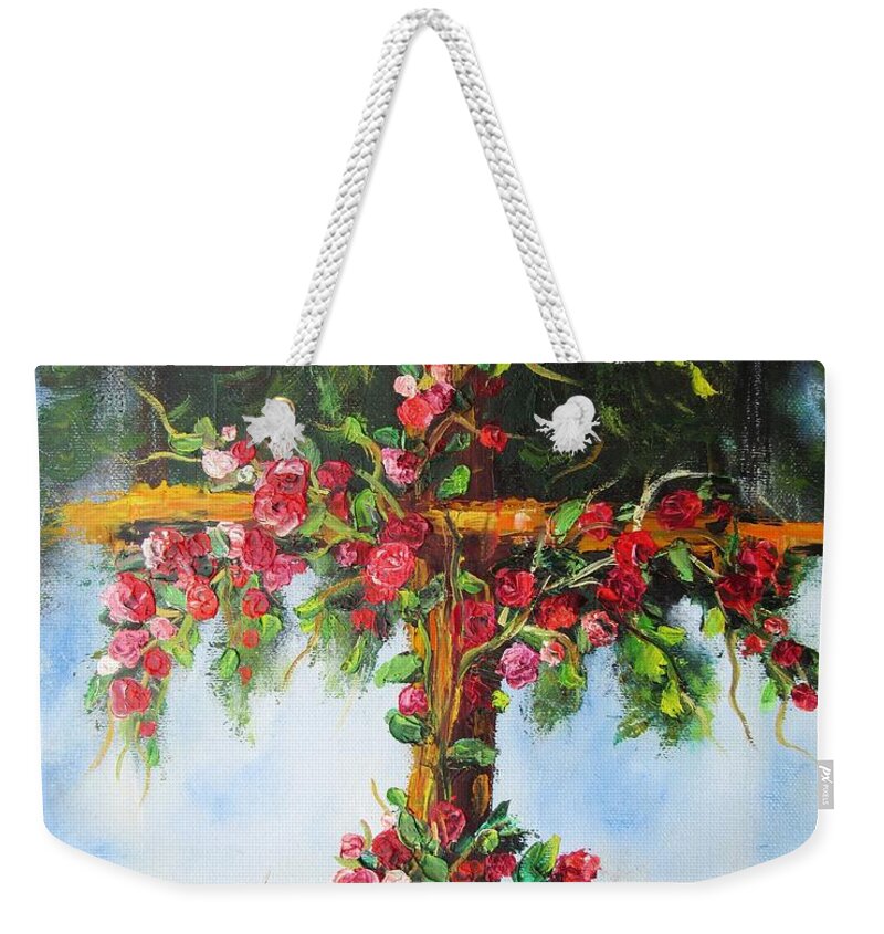 Cross Weekender Tote Bag featuring the painting blooming Cross by Vesna Martinjak