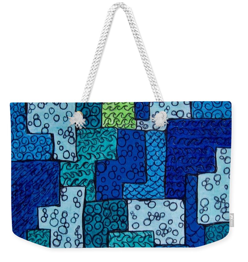 Abstracts Weekender Tote Bag featuring the drawing Blue and green abstract 2 by Megan Walsh