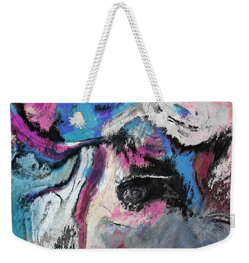 Abstract Weekender Tote Bag featuring the painting Blue and Pink Abstract Painting by Inspirowl Design