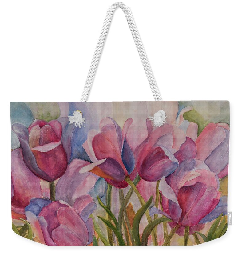 Floral Weekender Tote Bag featuring the painting Blue and Pink Tulips by Nadine Button