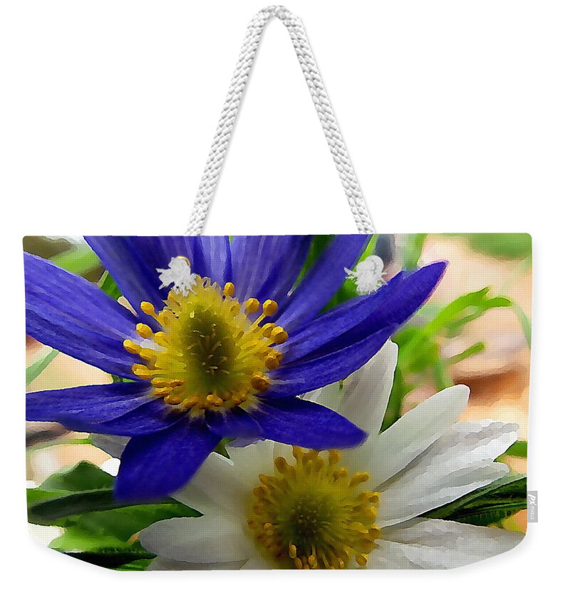 Windflowers Weekender Tote Bag featuring the digital art Blue and White Anemones by Shelli Fitzpatrick
