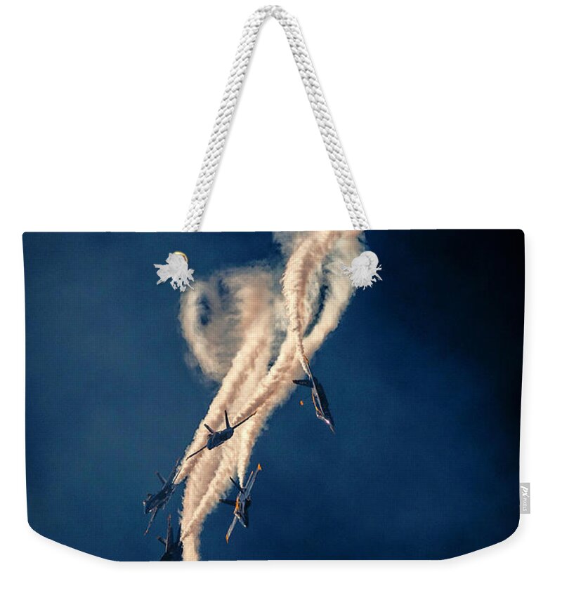 Blue Angels Weekender Tote Bag featuring the photograph Blue Angels Breakout by John A Rodriguez