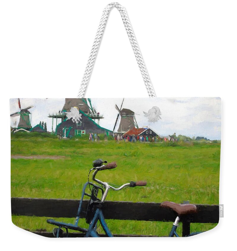 Landscape Weekender Tote Bag featuring the mixed media Blue Bicycle and Windmills by Susan Lafleur