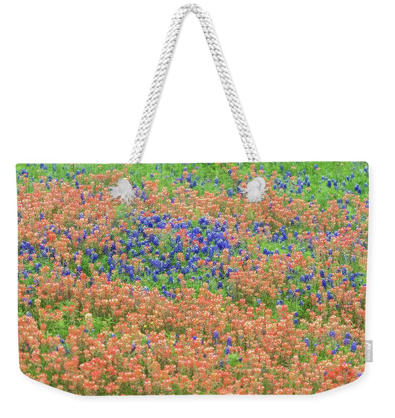 Texas Weekender Tote Bag featuring the photograph Blue bonnets and Indian paintbrush-Texas wildflowers by Usha Peddamatham