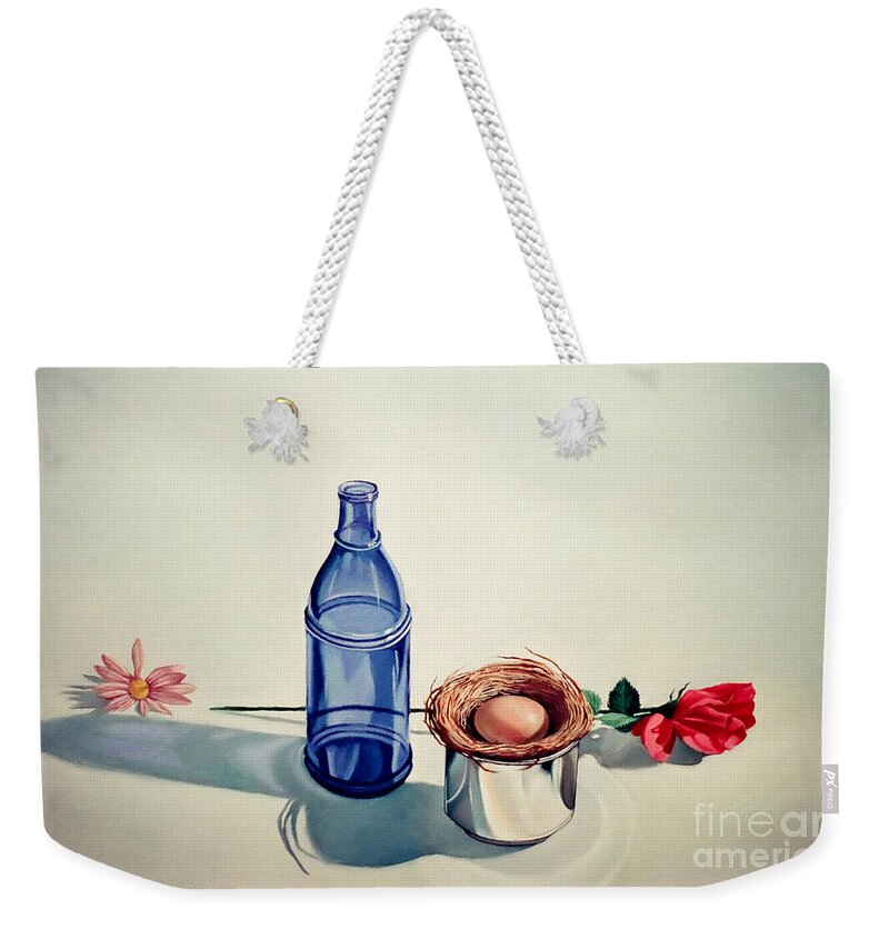 Bird Nest Weekender Tote Bag featuring the painting Blue bottle flowers and bird nest by Christopher Shellhammer
