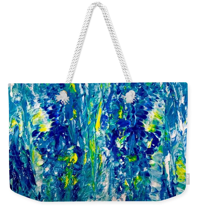 Abstract Weekender Tote Bag featuring the painting Blue Breeze by Elle Justine