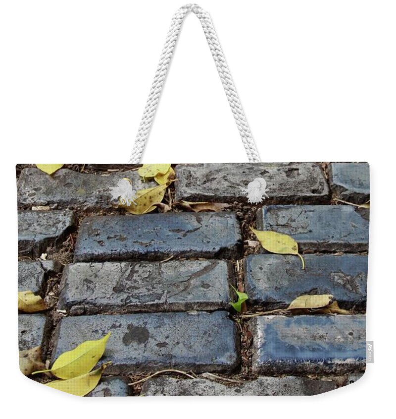 Blue Weekender Tote Bag featuring the photograph Blue Bricks With Yellow 2 by Suzanne Oesterling