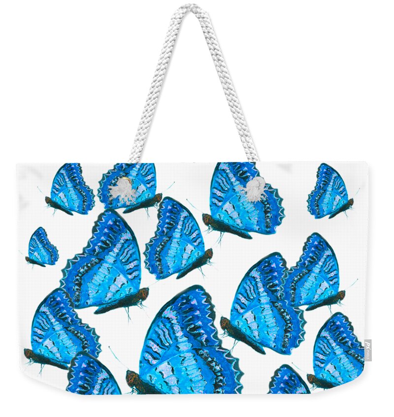 Butterflies Weekender Tote Bag featuring the painting Blue Butterflies by Jan Matson