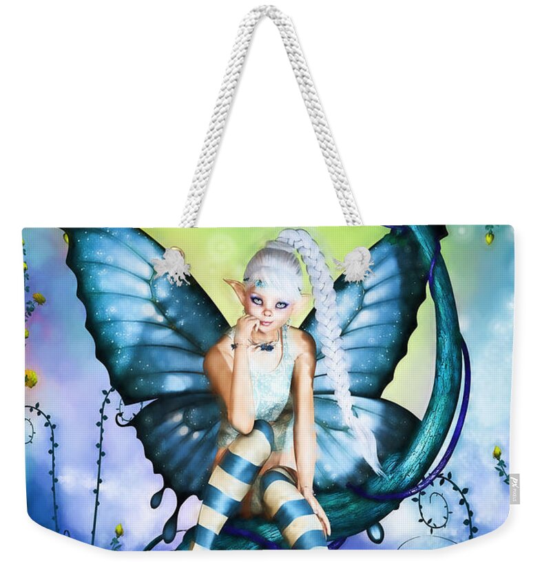 Fairy Weekender Tote Bag featuring the digital art Blue Butterfly Fairy in a Tree by Alicia Hollinger