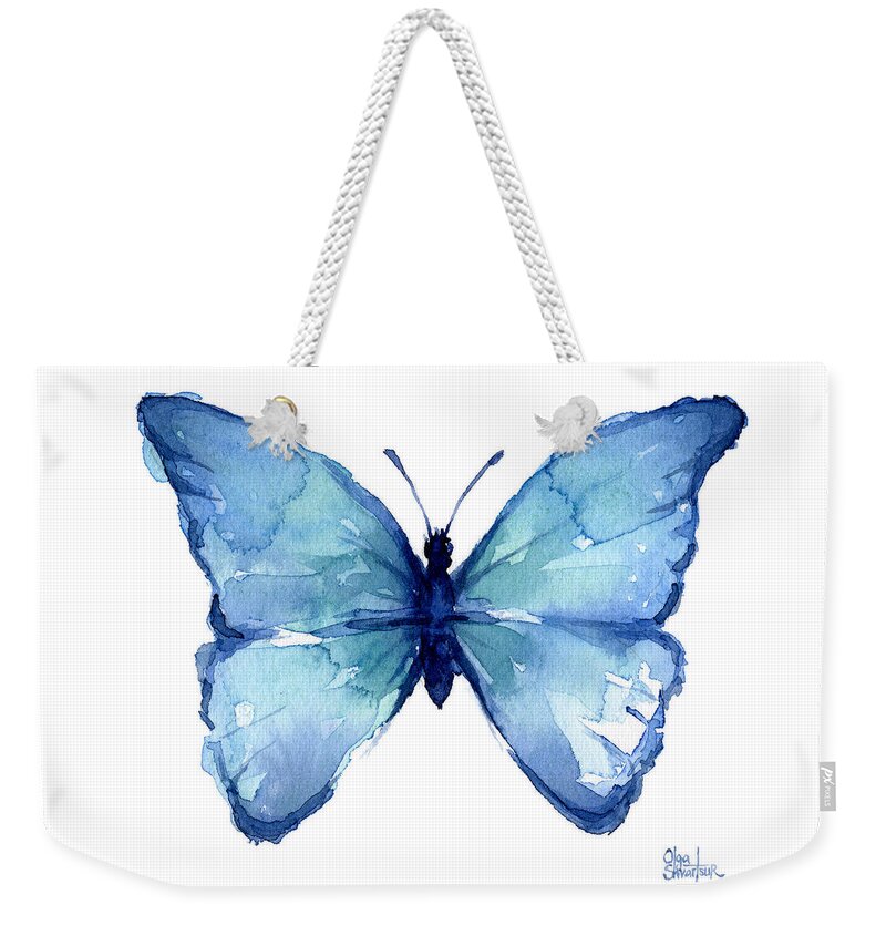Watercolor Weekender Tote Bag featuring the painting Blue Butterfly Watercolor by Olga Shvartsur