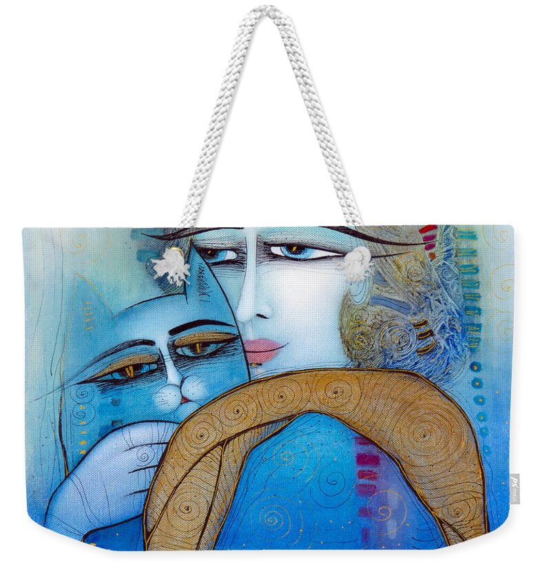 Albena Weekender Tote Bag featuring the painting Blue Cat by Albena Vatcheva