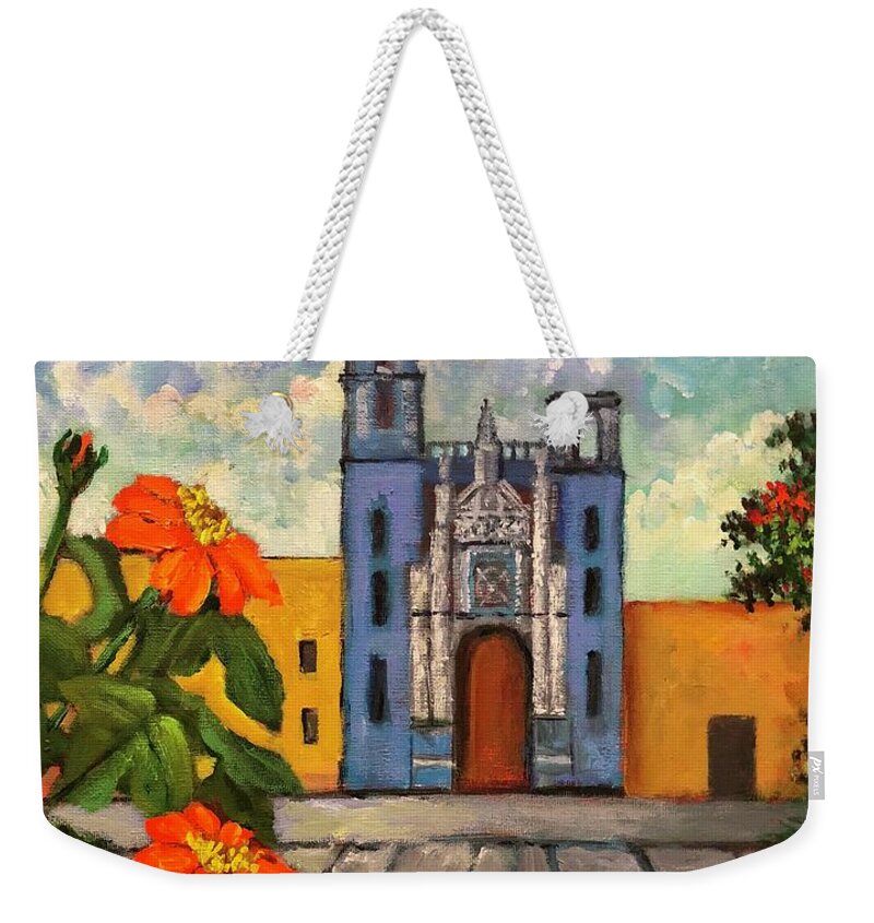 Blue Weekender Tote Bag featuring the painting Blue Church  Iglesia Azul by Rand Burns
