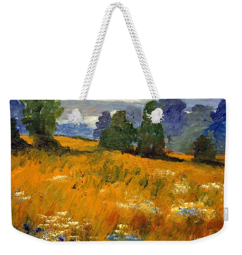 Paintings Weekender Tote Bag featuring the painting Blue Cornflowers on the Meadow by Julie Lueders 