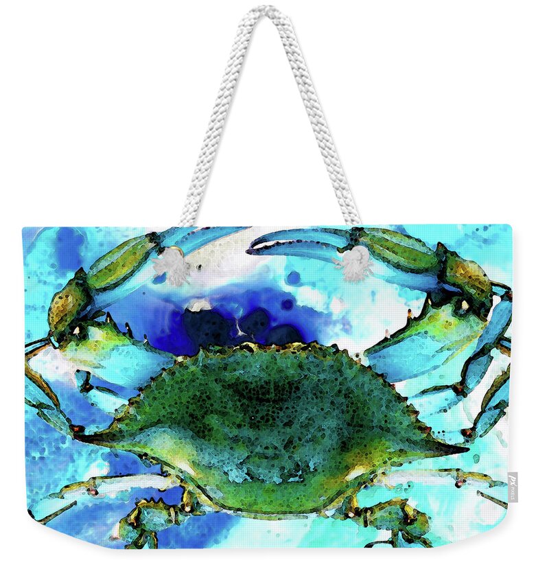 Crab Weekender Tote Bag featuring the painting Blue Crab - Abstract Seafood Painting by Sharon Cummings