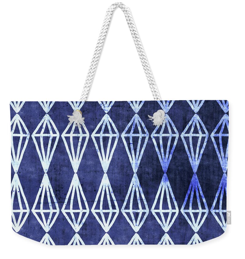 Indigo Weekender Tote Bag featuring the mixed media Blue Diamond Stripe- Art by Linda Woods by Linda Woods