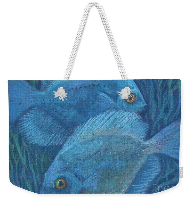Underwater Weekender Tote Bag featuring the painting Blue discuses by Julia Khoroshikh