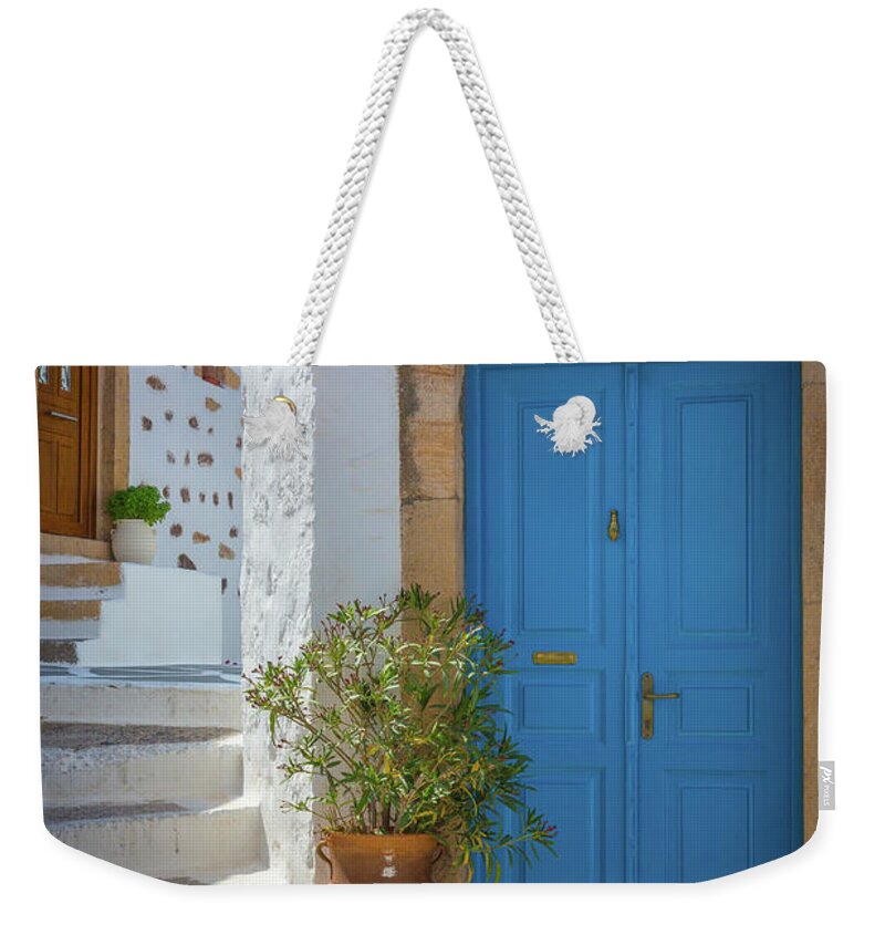 Aegean Sea Weekender Tote Bag featuring the photograph Blue Door and Stairs by Inge Johnsson