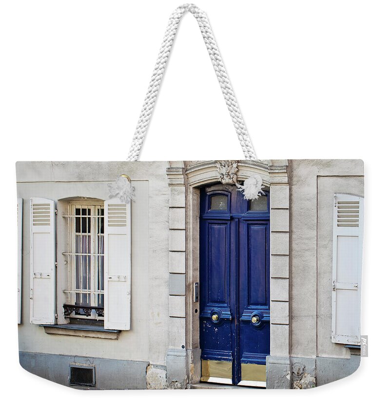 Paris Weekender Tote Bag featuring the photograph Blue Door - Paris, France by Melanie Alexandra Price