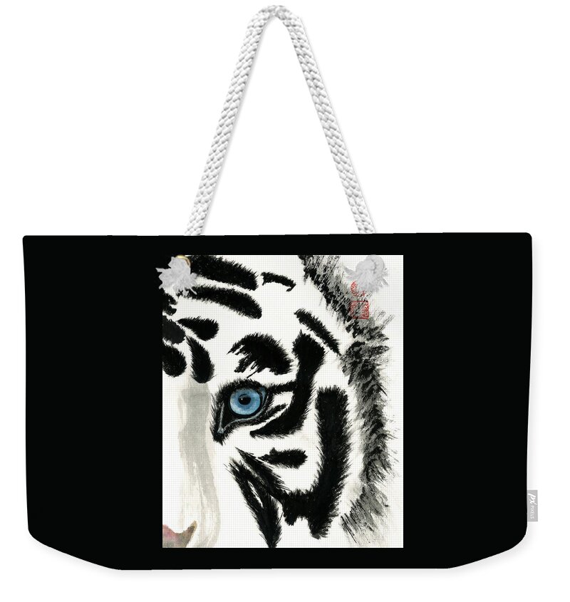 Japanese Weekender Tote Bag featuring the painting Blue-Eyed Tiger by Terri Harris