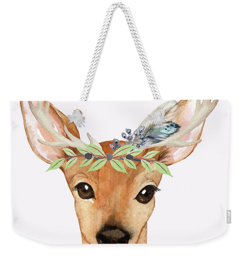Deer Weekender Tote Bag featuring the digital art Blue Feather Woodland Boho Deer by Pink Forest Cafe