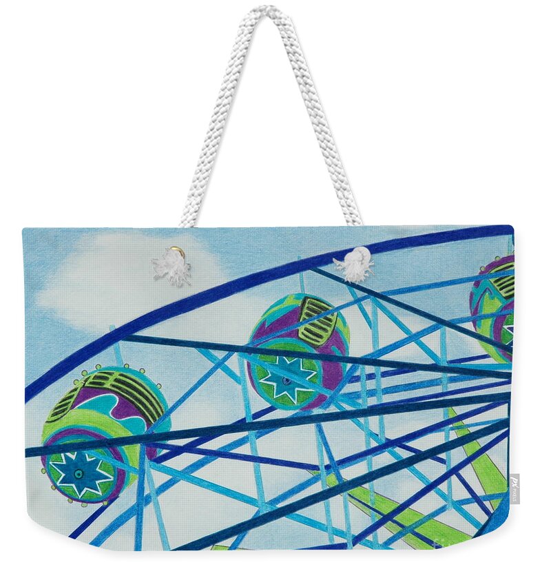 Ferris Wheel Weekender Tote Bag featuring the drawing Blue Ferris Wheel by Glenda Zuckerman