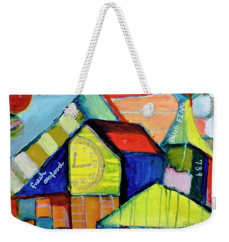 Acrylic Painting Weekender Tote Bag featuring the painting Blue Fin's Fresh Seafood by Susan Stone