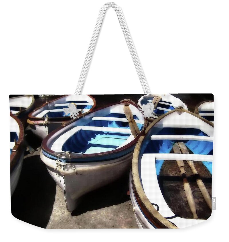 Boats Weekender Tote Bag featuring the photograph Blue Fishing Boats by Coke Mattingly