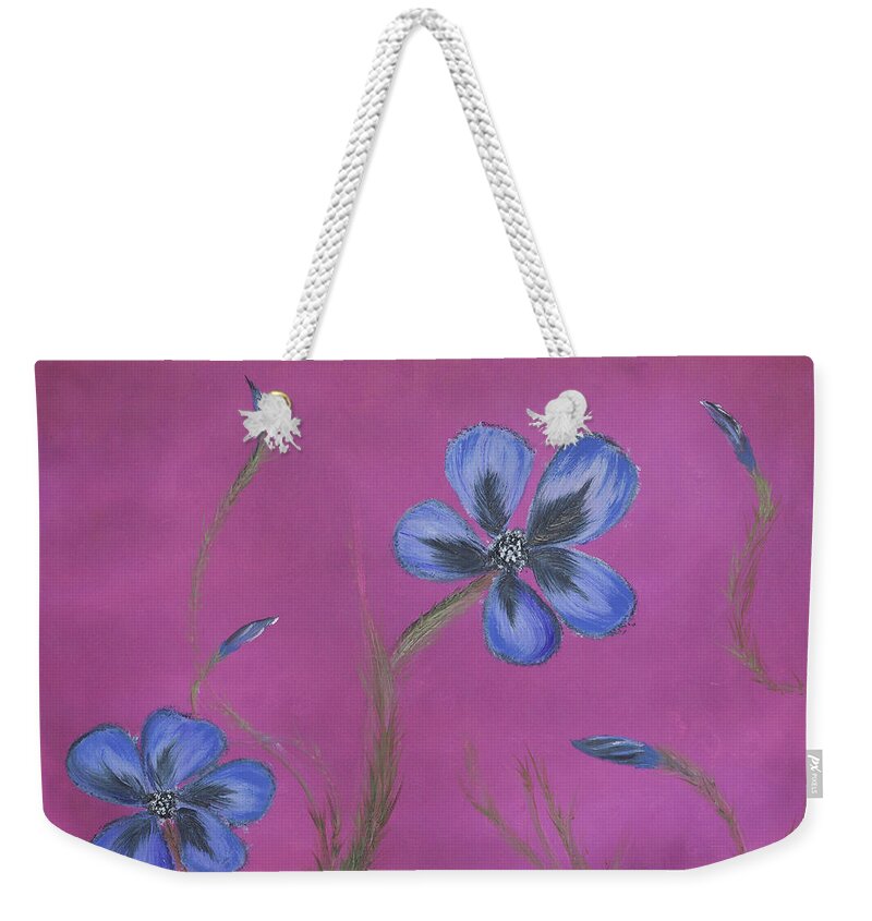 Fine Art Weekender Tote Bag featuring the painting Blue Flower Magenta Background by Stephen Daddona