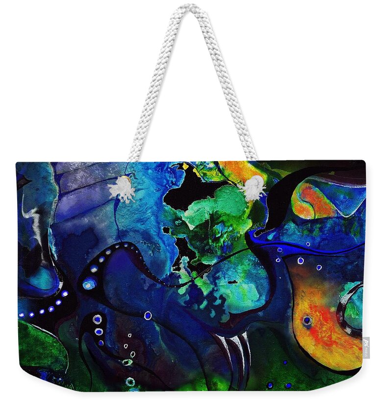 Abstractdigital Weekender Tote Bag featuring the painting Blue, Green And Orange Scenery by Wolfgang Schweizer