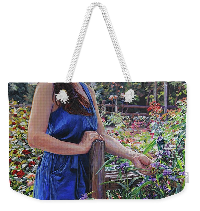 Southern Belle Weekender Tote Bag featuring the painting Blue Hat Girl by Tommy Midyette