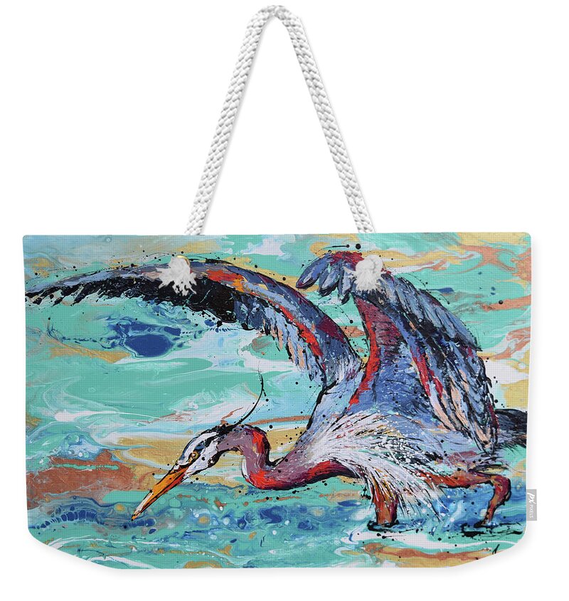 Great Blue Heron Weekender Tote Bag featuring the painting Blue Heron Hunting by Jyotika Shroff