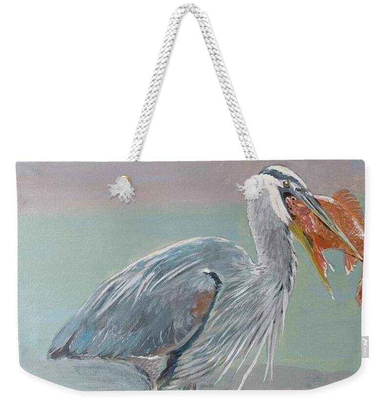 Blue Heron Weekender Tote Bag featuring the painting Blue Heron the Thief by Mike Jenkins