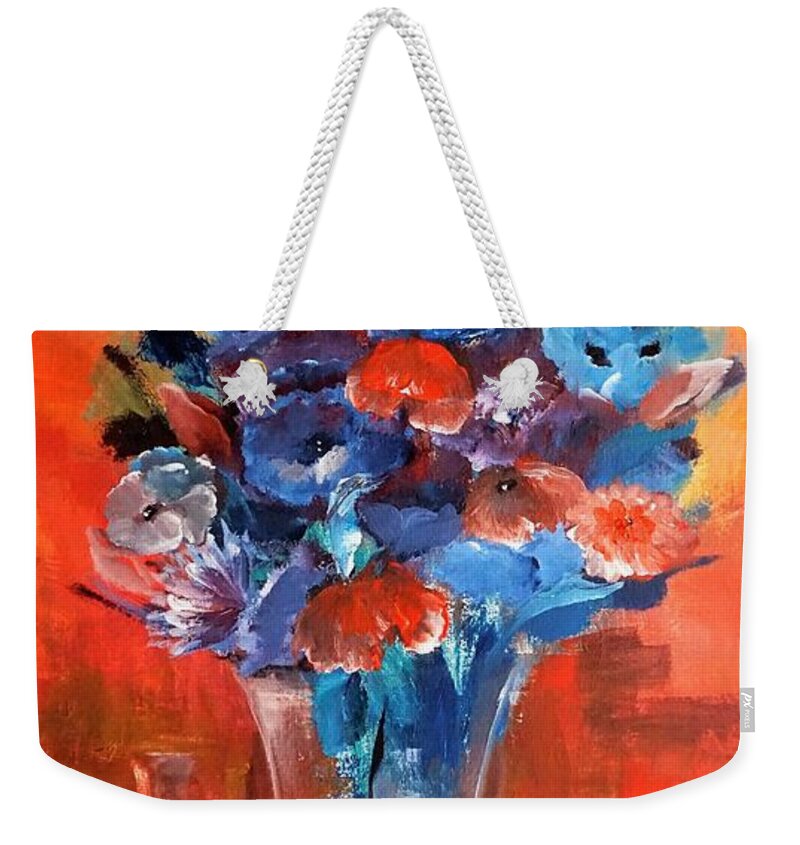 Blue Weekender Tote Bag featuring the painting Blue In The Warmth Of Candlelight by Lisa Kaiser