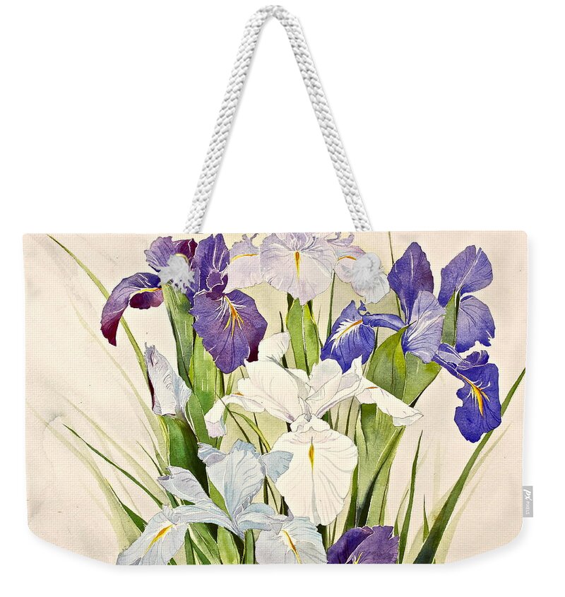 Water Color Weekender Tote Bag featuring the painting Blue Irises-Posthumously presented paintings of Sachi Spohn by Cliff Spohn