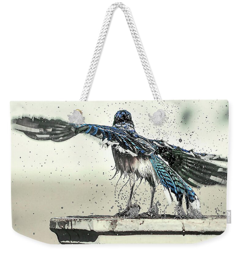 Nature Weekender Tote Bag featuring the photograph Blue Jay Bath Time by Scott Cordell